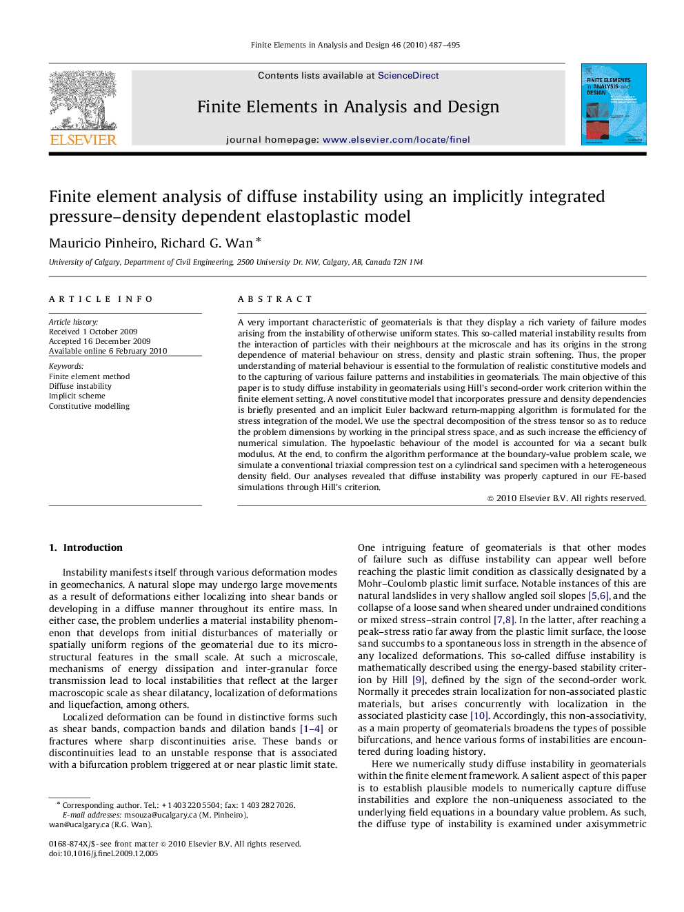 Finite element analysis of diffuse instability using an implicitly integrated pressure–density dependent elastoplastic model