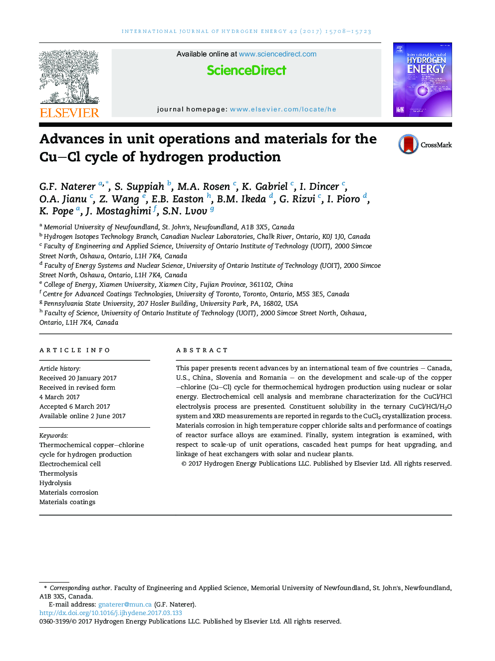 Advances in unit operations and materials for the CuCl cycle of hydrogen production