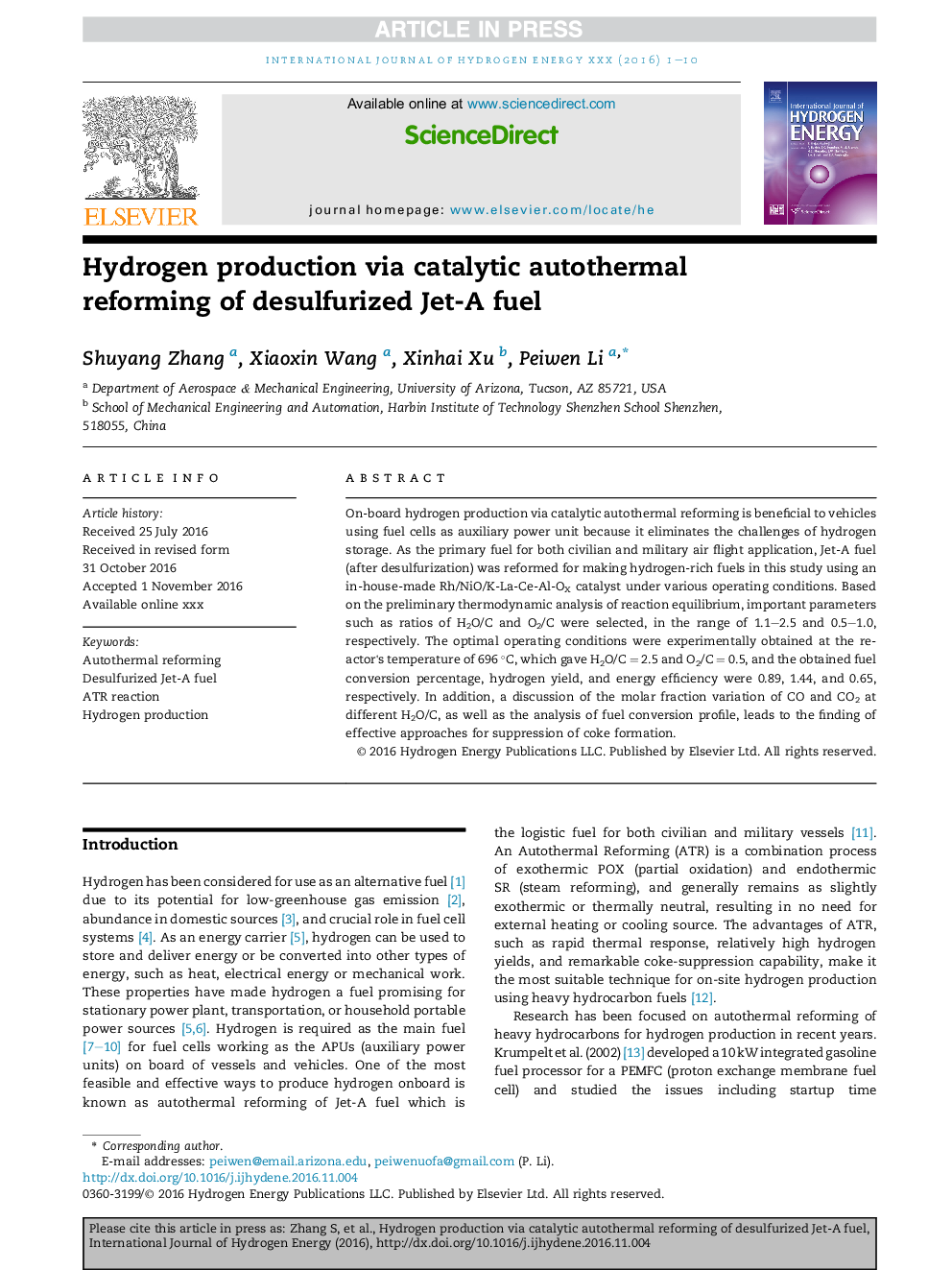 Hydrogen production via catalytic autothermal reforming of desulfurized Jet-A fuel