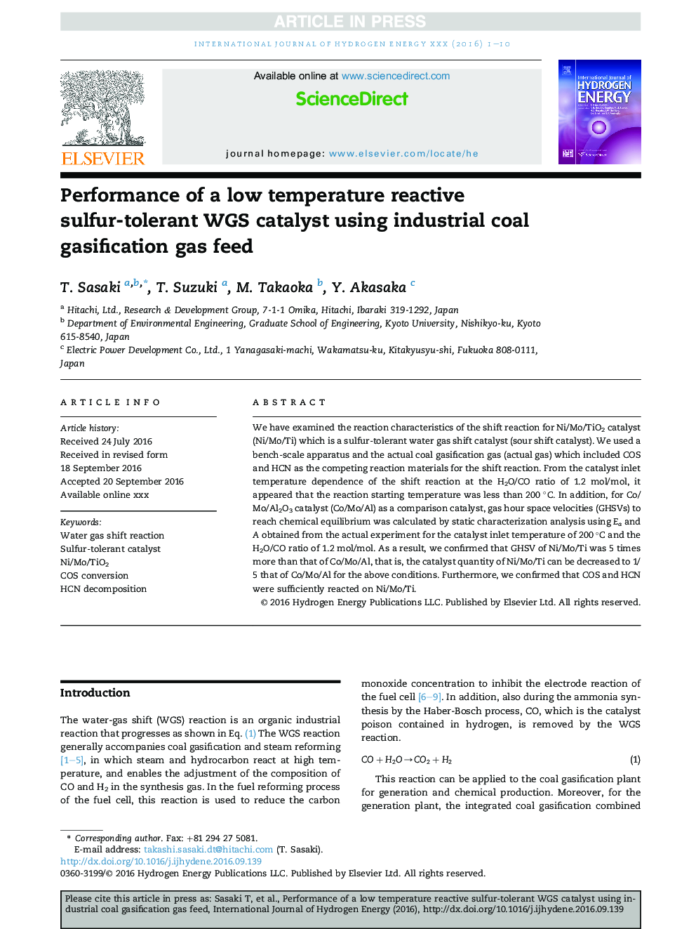 Performance of a low temperature reactive sulfur-tolerant WGS catalyst using industrial coal gasification gas feed