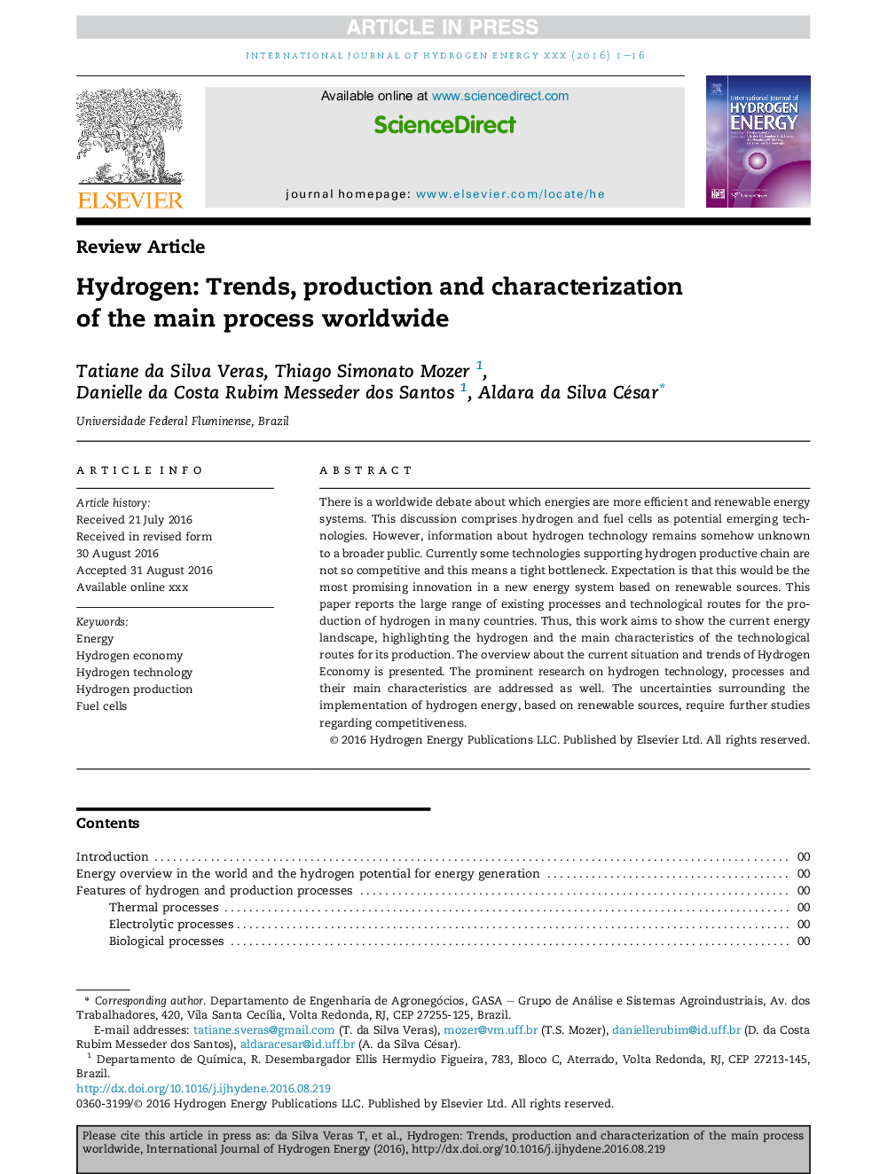 Hydrogen: Trends, production and characterization of the main process worldwide