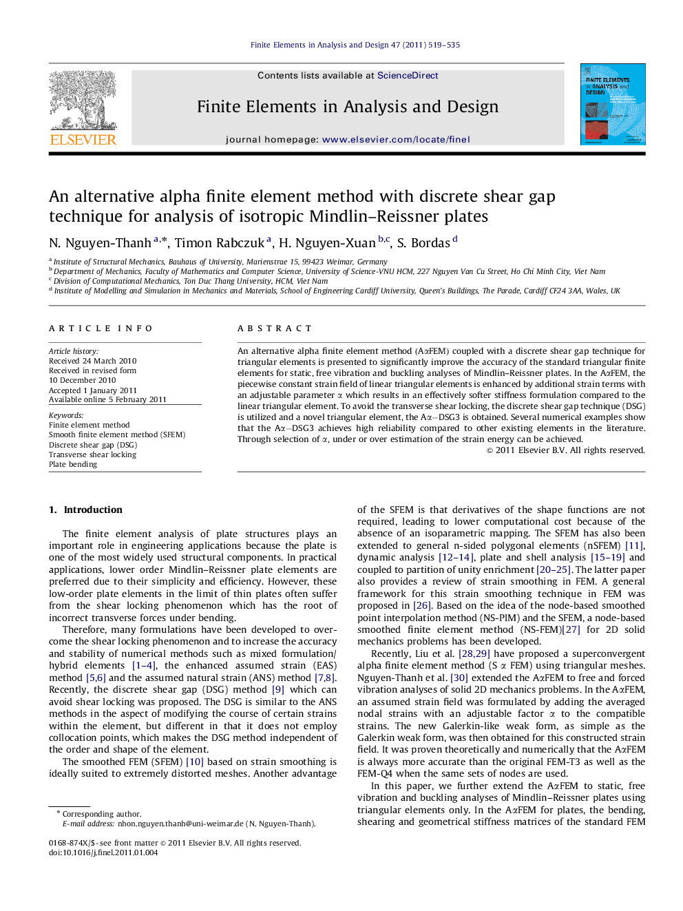 An alternative alpha finite element method with discrete shear gap technique for analysis of isotropic Mindlin–Reissner plates