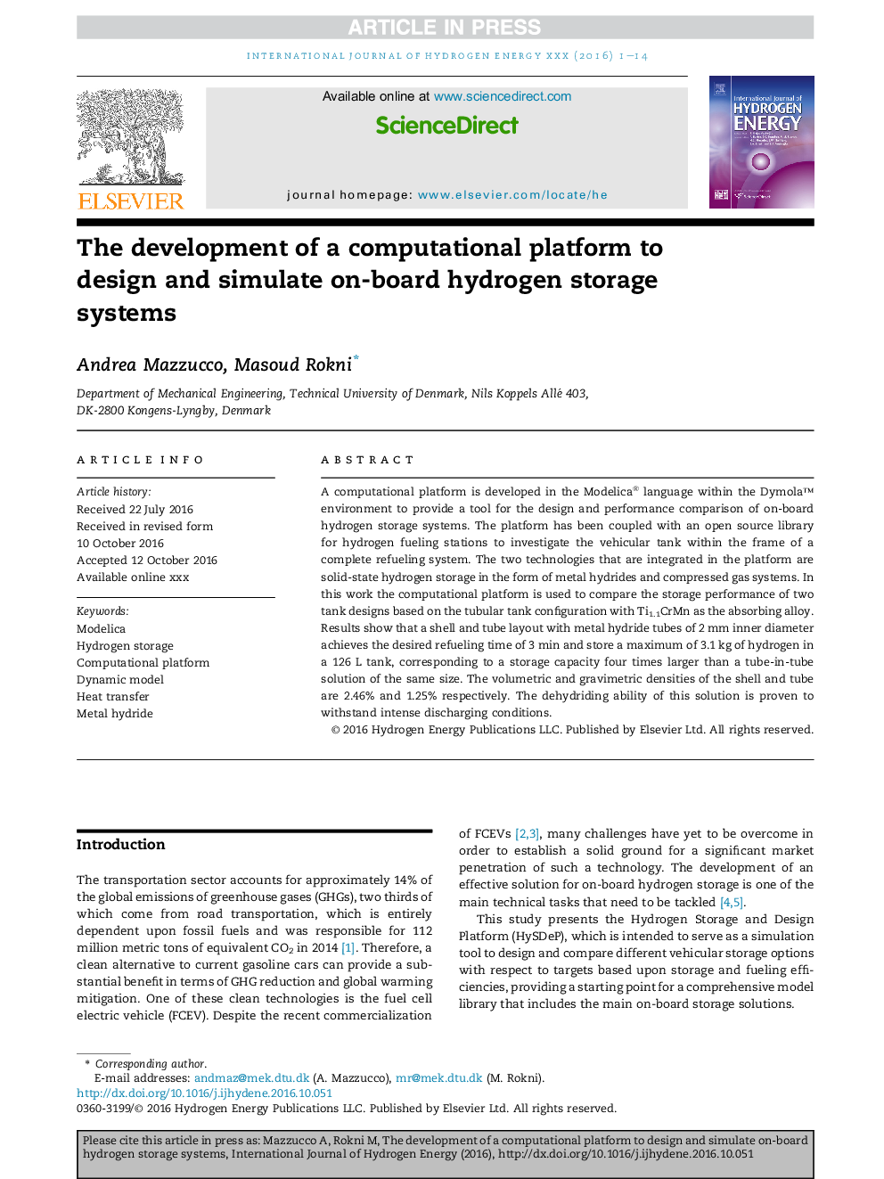 The development of a computational platform to design and simulate on-board hydrogen storage systems