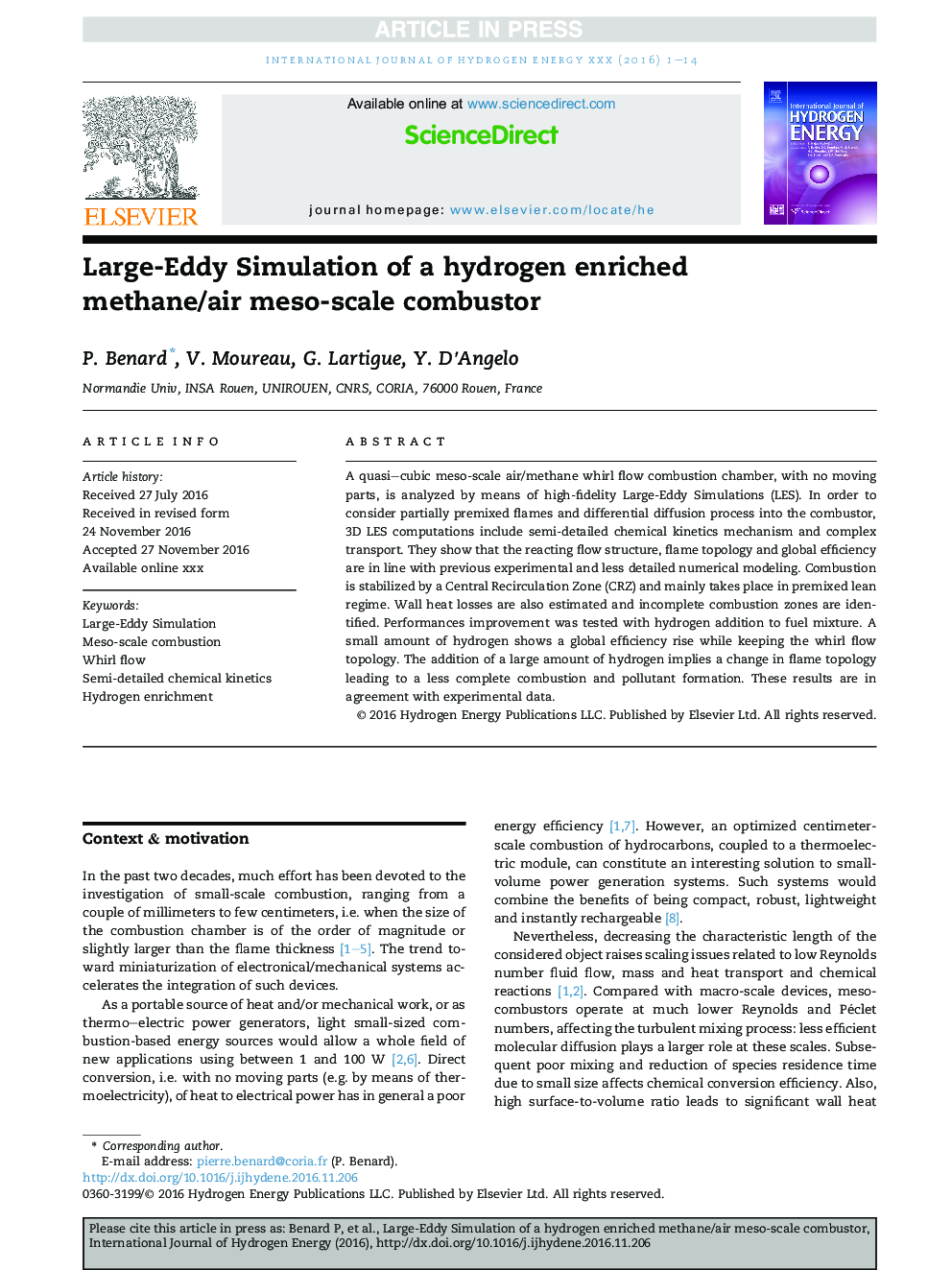 Large-Eddy Simulation of a hydrogen enriched methane/air meso-scale combustor