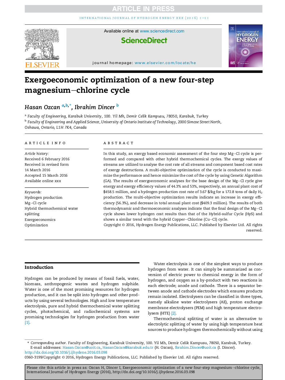 Exergoeconomic optimization of a new four-step magnesium-chlorine cycle