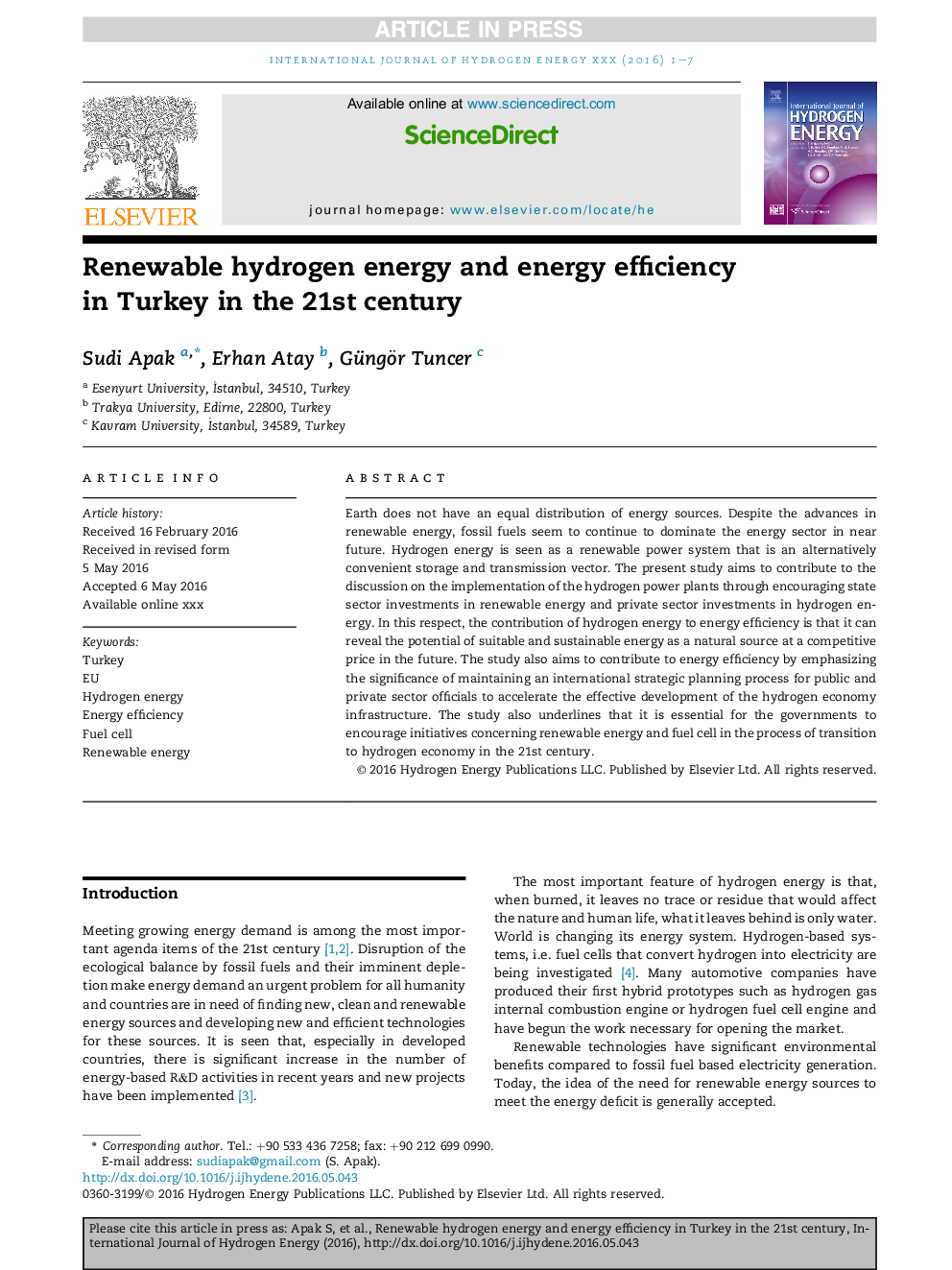 Renewable hydrogen energy and energy efficiency in Turkey in the 21st century