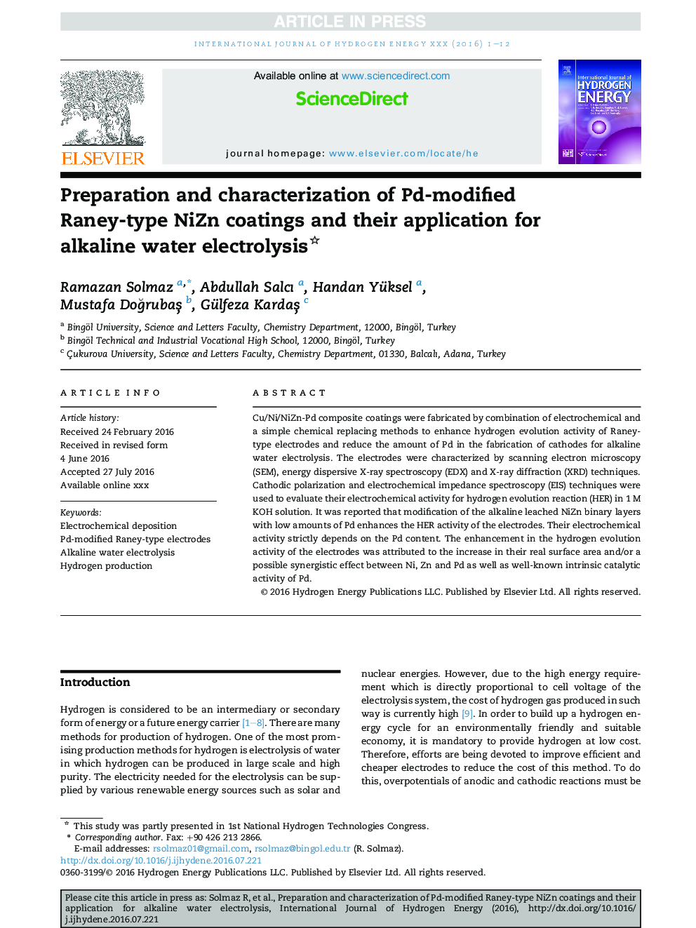 Preparation and characterization of Pd-modified Raney-type NiZn coatings and their application for alkaline water electrolysis