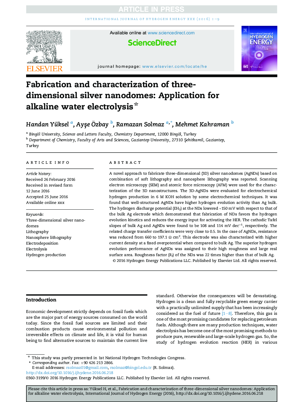 Fabrication and characterization of three-dimensional silver nanodomes: Application for alkaline water electrolysis