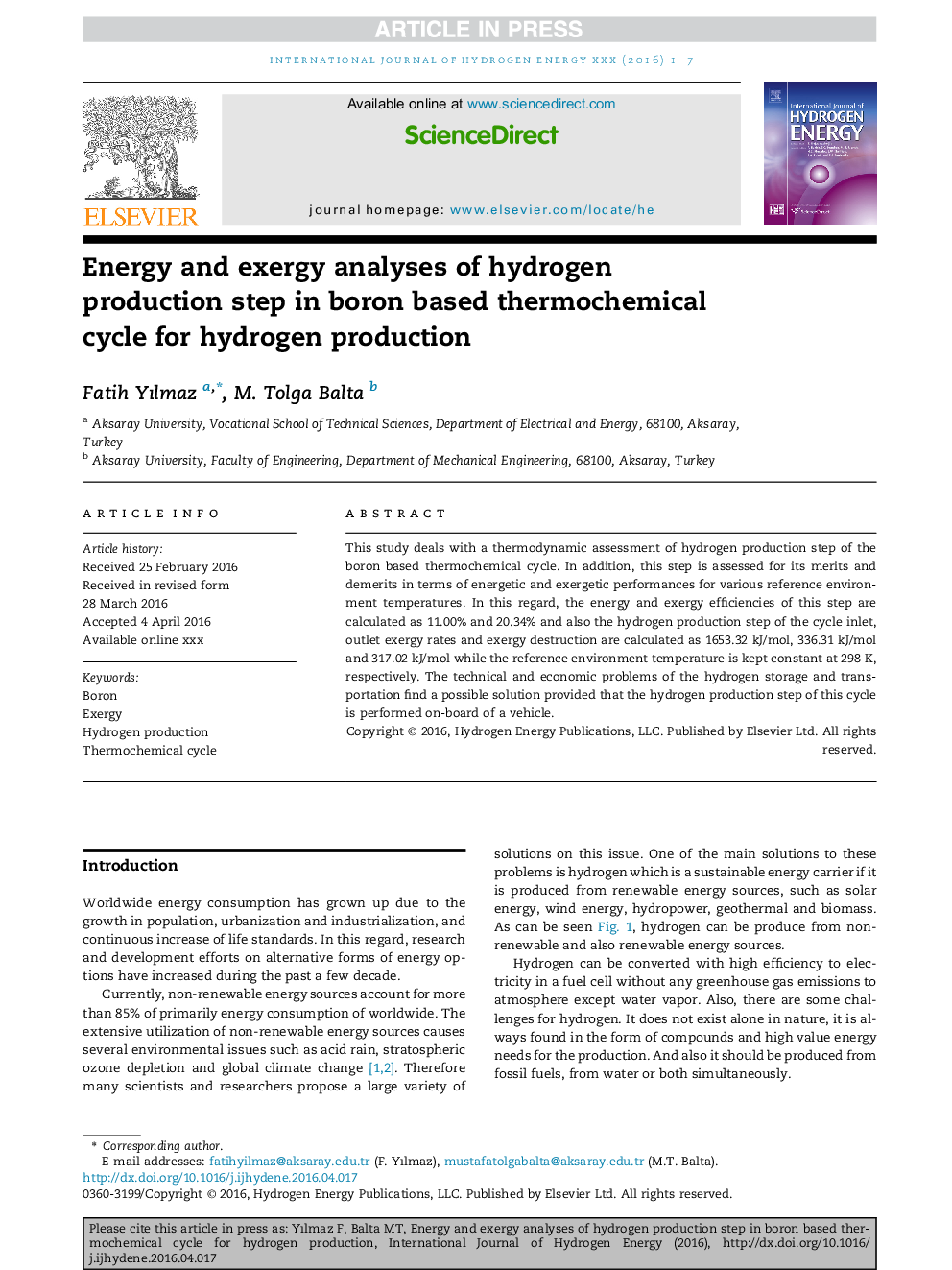 Energy and exergy analyses of hydrogen production step in boron based thermochemical cycle for hydrogen production