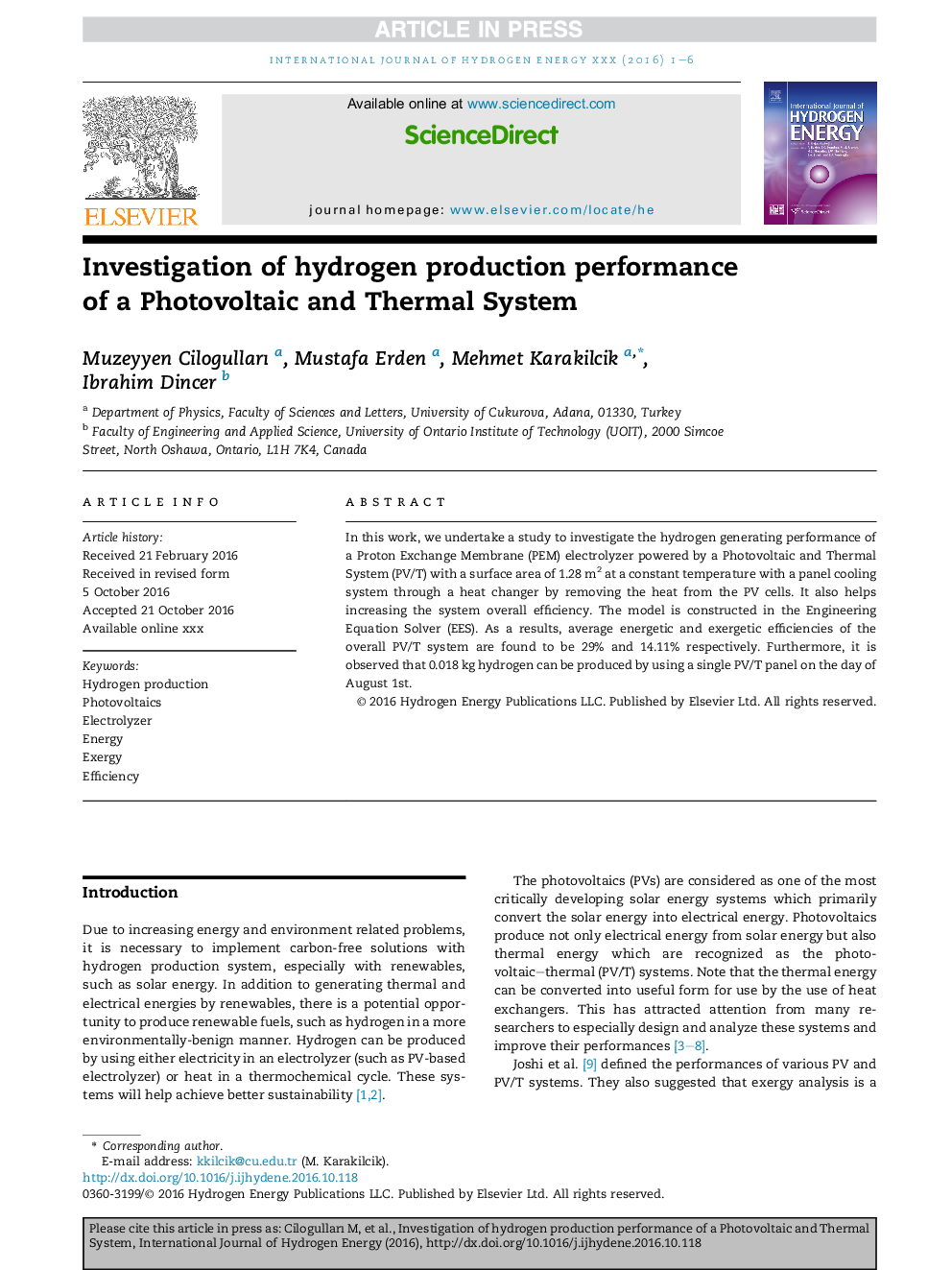 Investigation of hydrogen production performance of a Photovoltaic and Thermal System