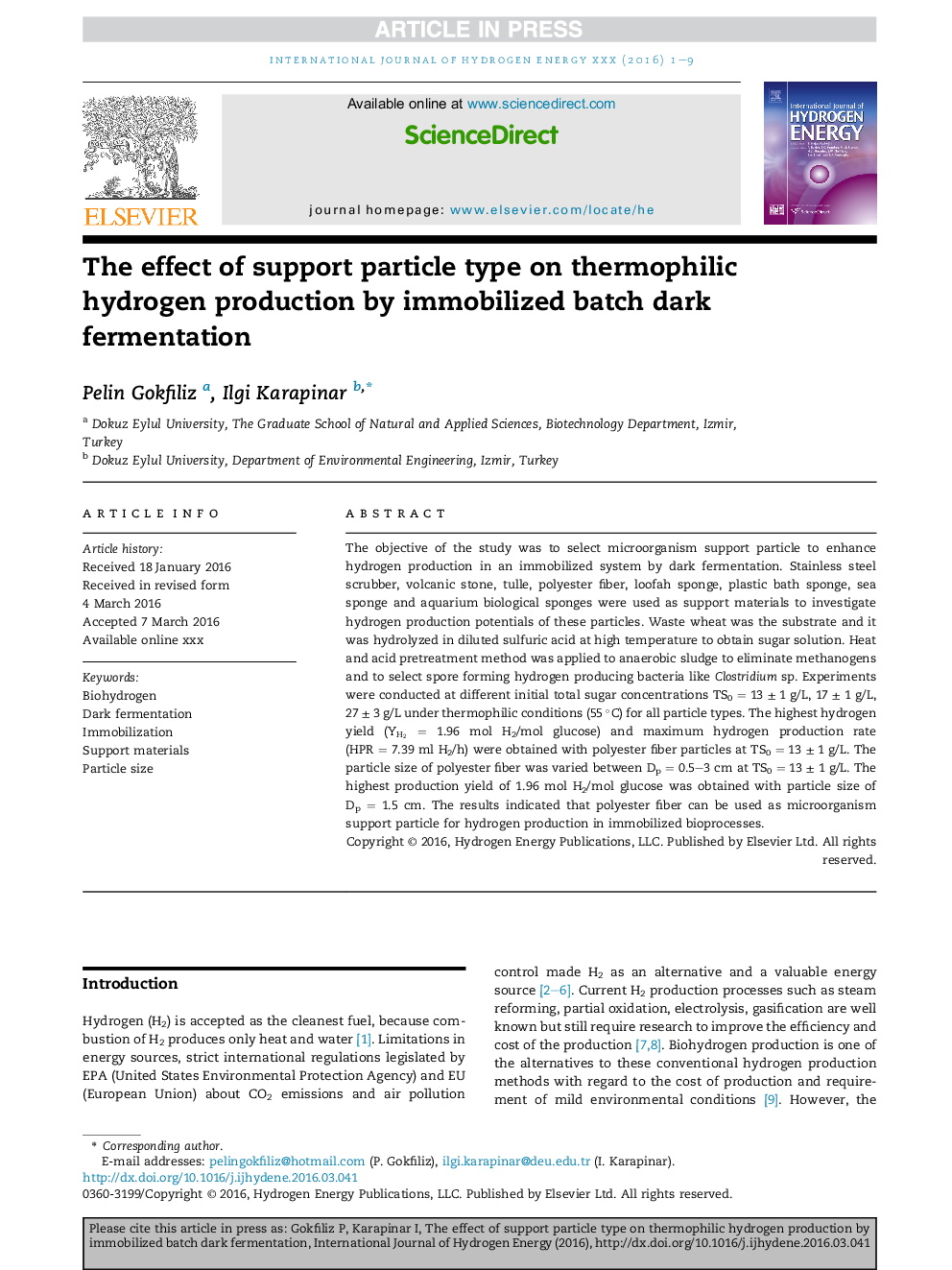 The effect of support particle type on thermophilic hydrogen production by immobilized batch dark fermentation