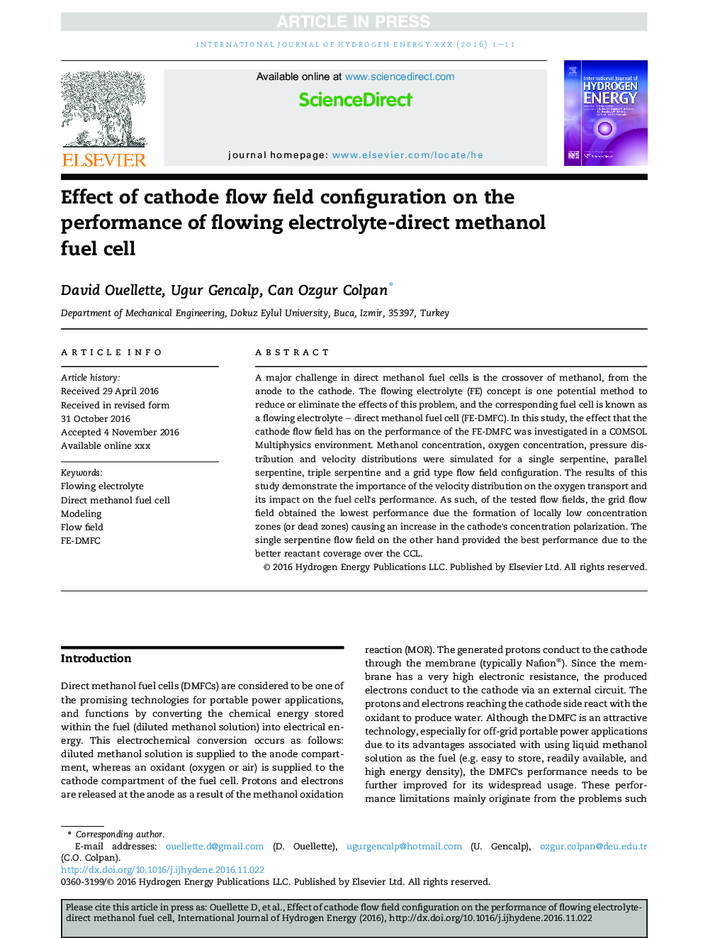 Effect of cathode flow field configuration on the performance of flowing electrolyte-direct methanol fuel cell