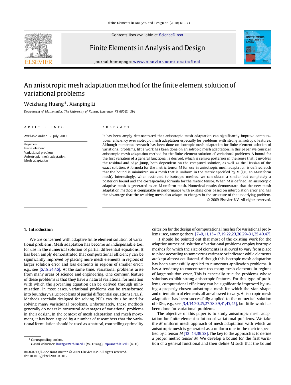 An anisotropic mesh adaptation method for the finite element solution of variational problems