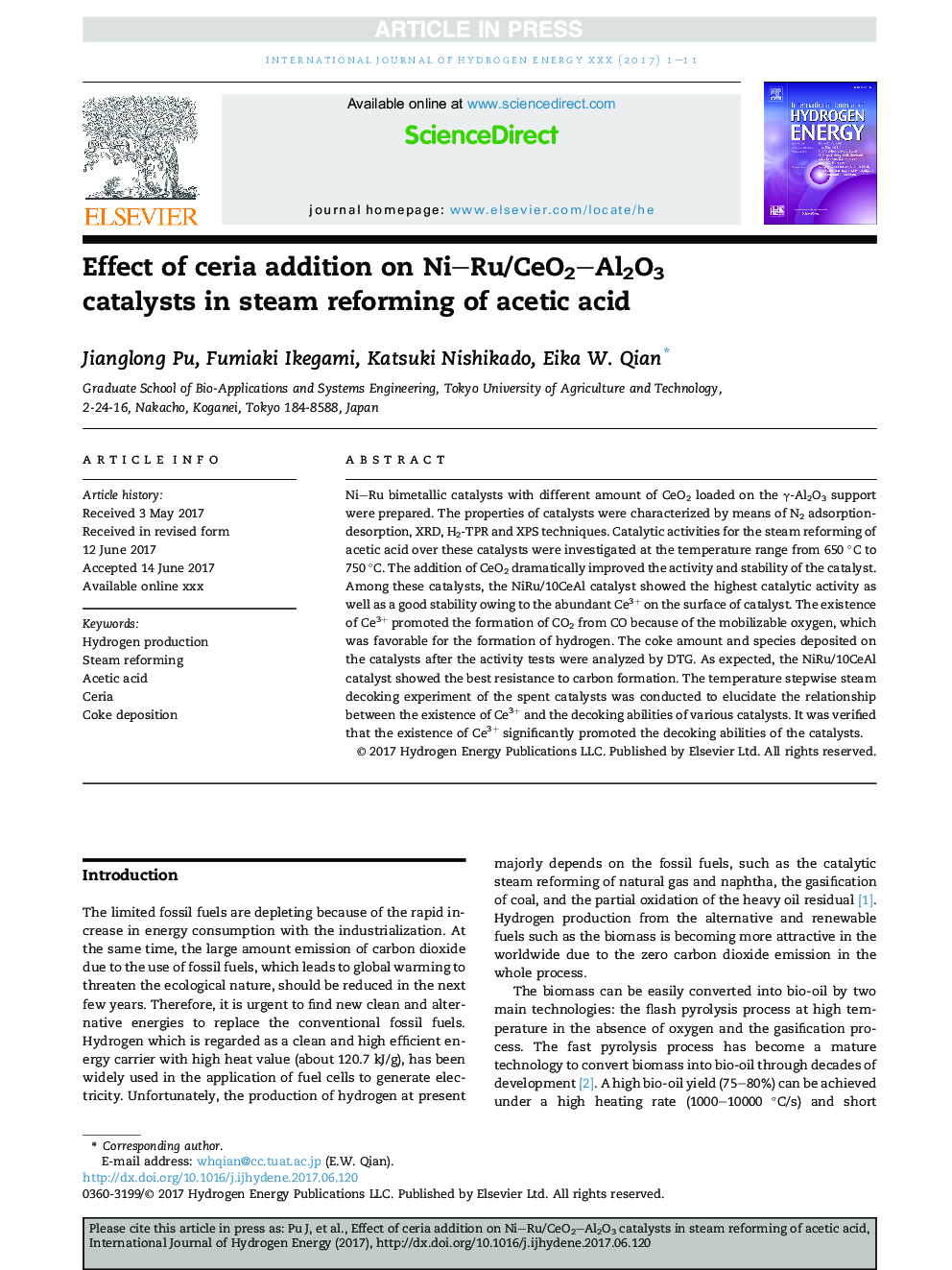 Effect of ceria addition on NiRu/CeO2Al2O3 catalysts in steam reforming of acetic acid
