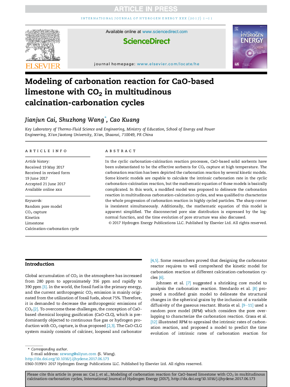 Modeling of carbonation reaction for CaO-based limestone with CO2 in multitudinous calcination-carbonation cycles