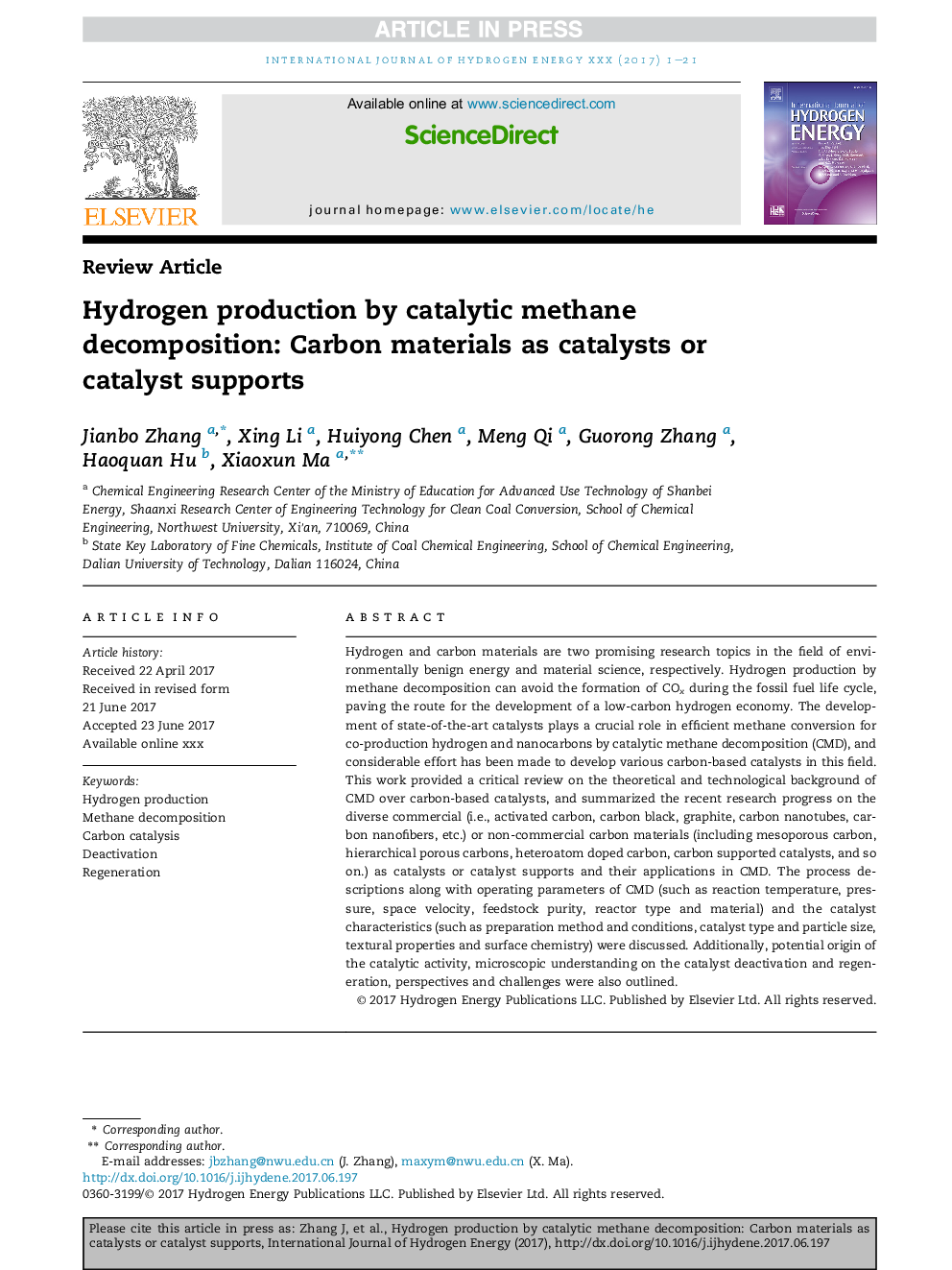 Hydrogen production by catalytic methane decomposition: Carbon materials as catalysts or catalyst supports