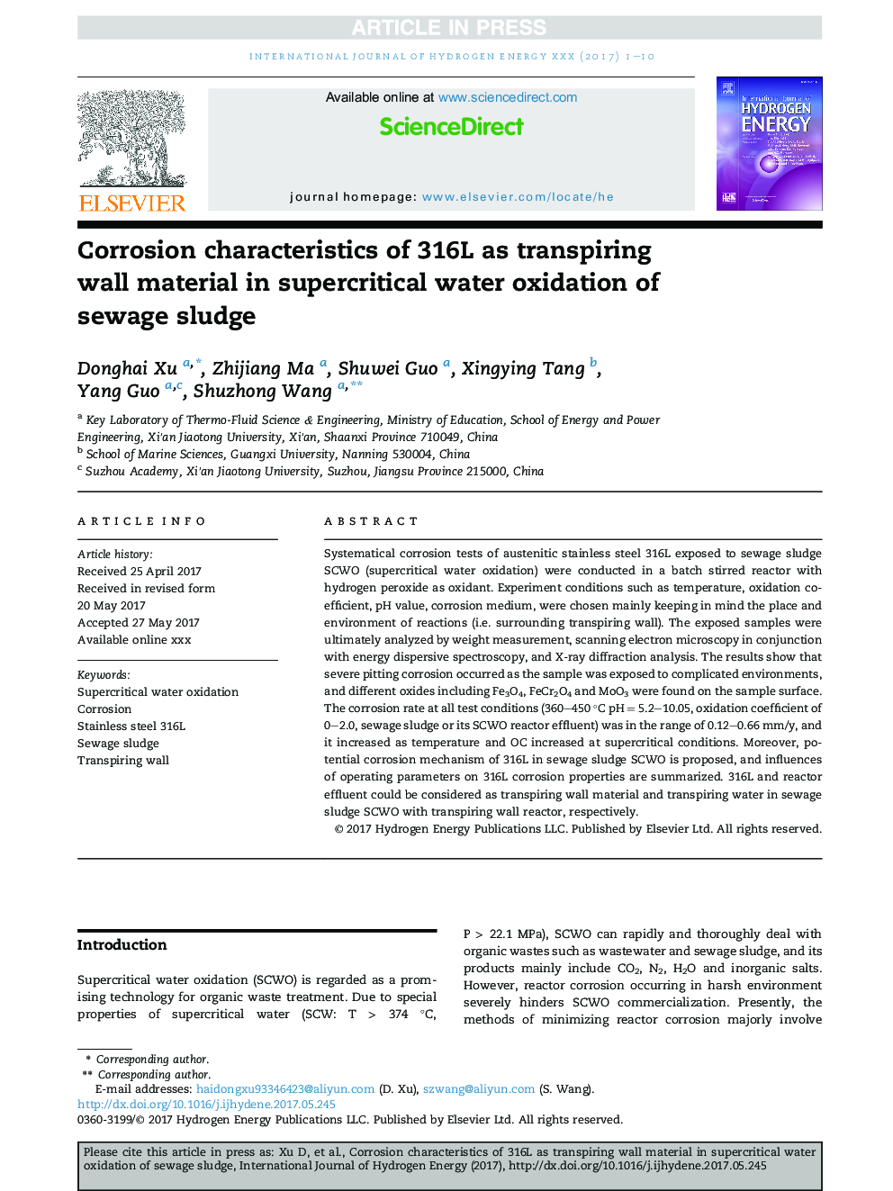 Corrosion characteristics of 316L as transpiring wall material in supercritical water oxidation of sewage sludge
