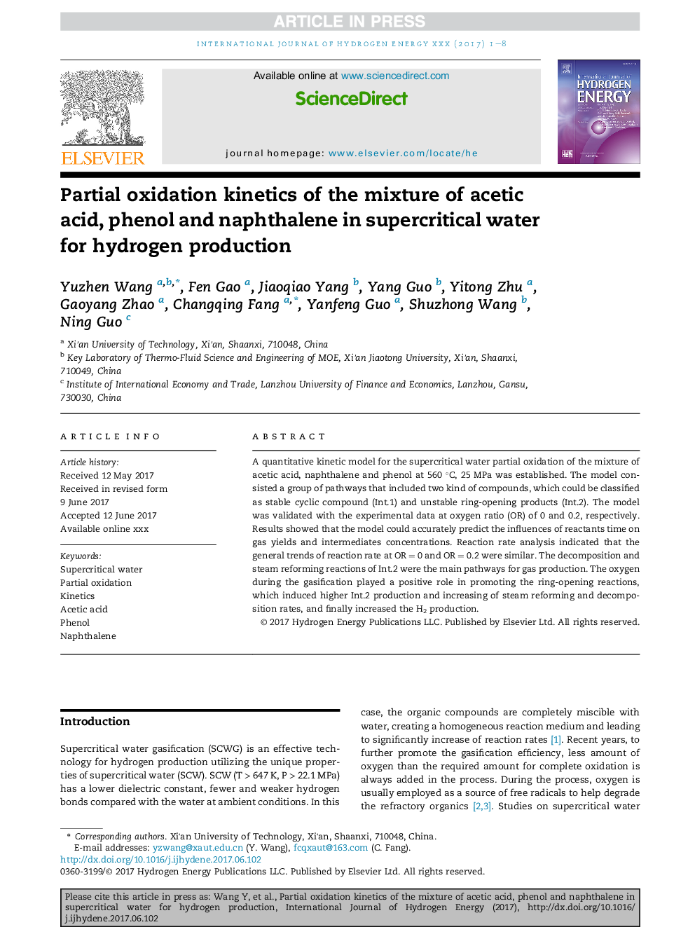 Partial oxidation kinetics of the mixture of acetic acid, phenol and naphthalene in supercritical water for hydrogen production