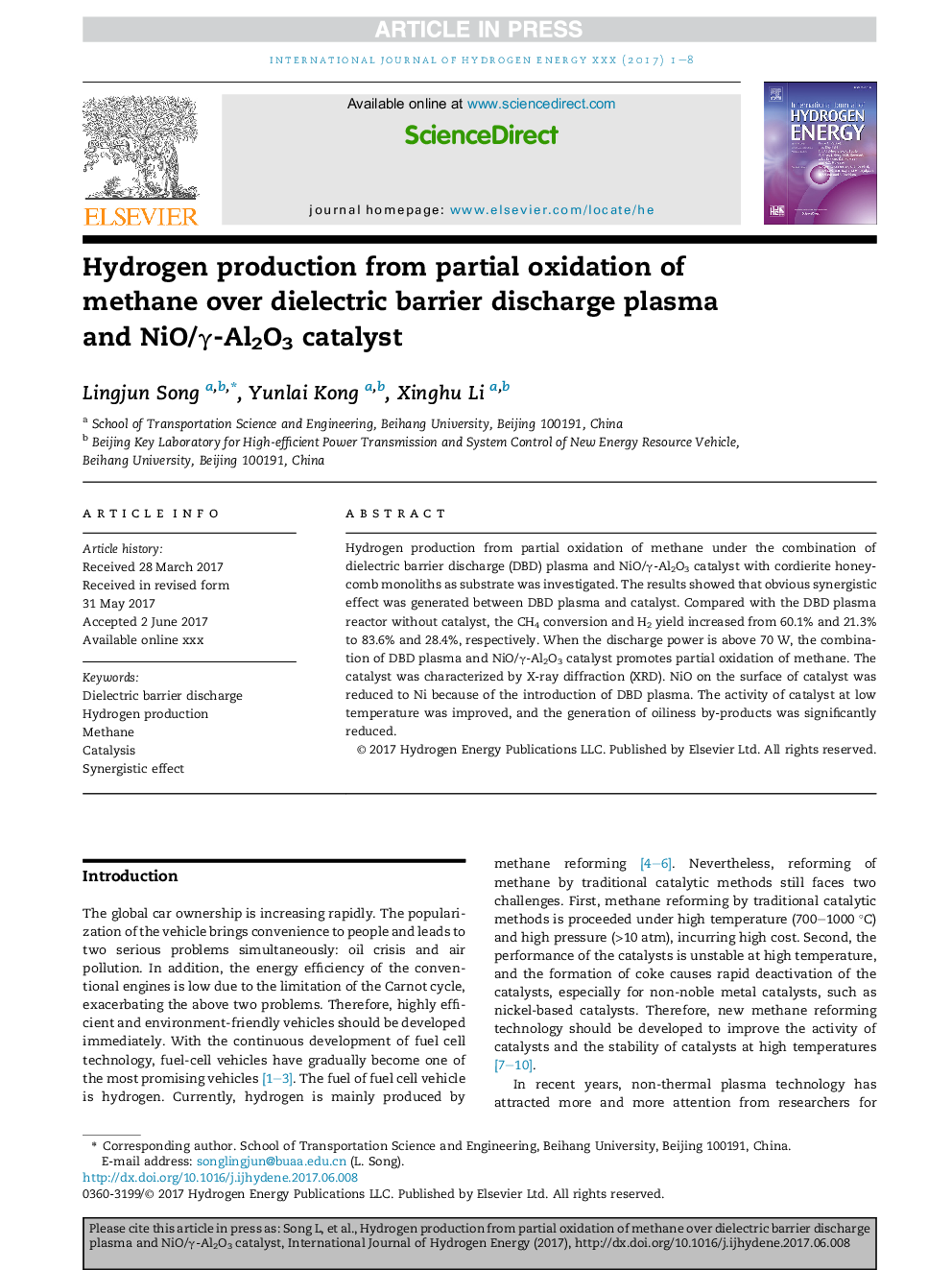 Hydrogen production from partial oxidation of methane over dielectric barrier discharge plasma and NiO/Î³-Al2O3 catalyst