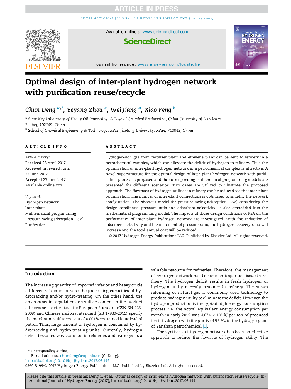 Optimal design of inter-plant hydrogen network with purification reuse/recycle