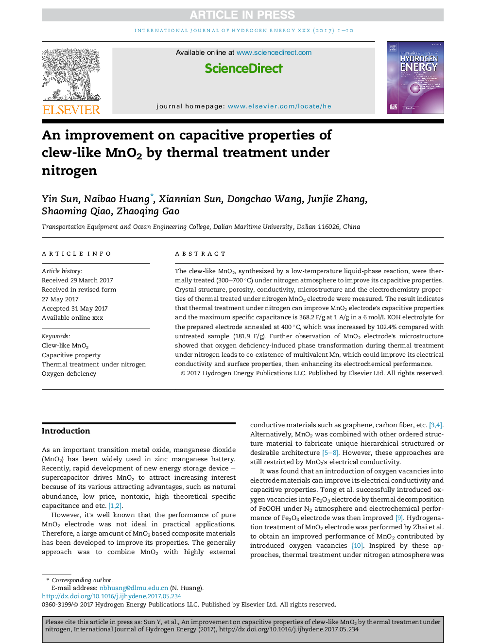 An improvement on capacitive properties of clew-like MnO2 by thermal treatment under nitrogen