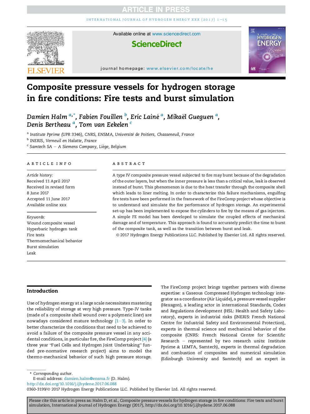 Composite pressure vessels for hydrogen storage in fire conditions: Fire tests and burst simulation