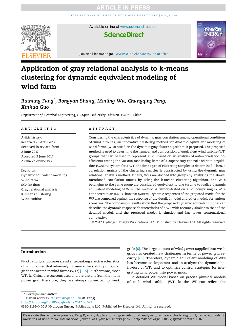 Application of gray relational analysis to k-means clustering for dynamic equivalent modeling of wind farm