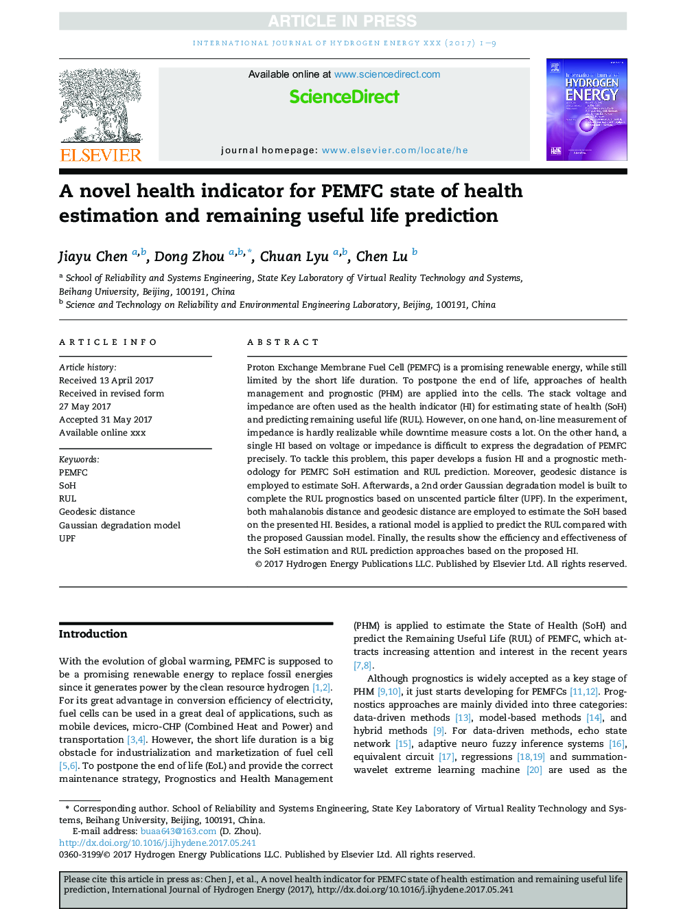 A novel health indicator for PEMFC state of health estimation and remaining useful life prediction