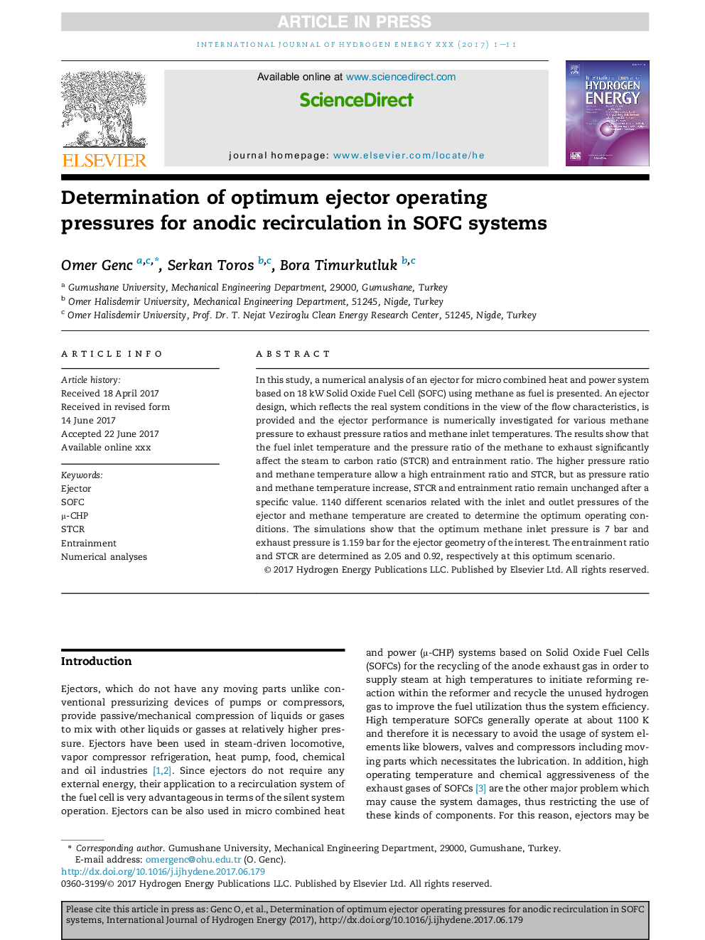 Determination of optimum ejector operating pressures for anodic recirculation in SOFC systems