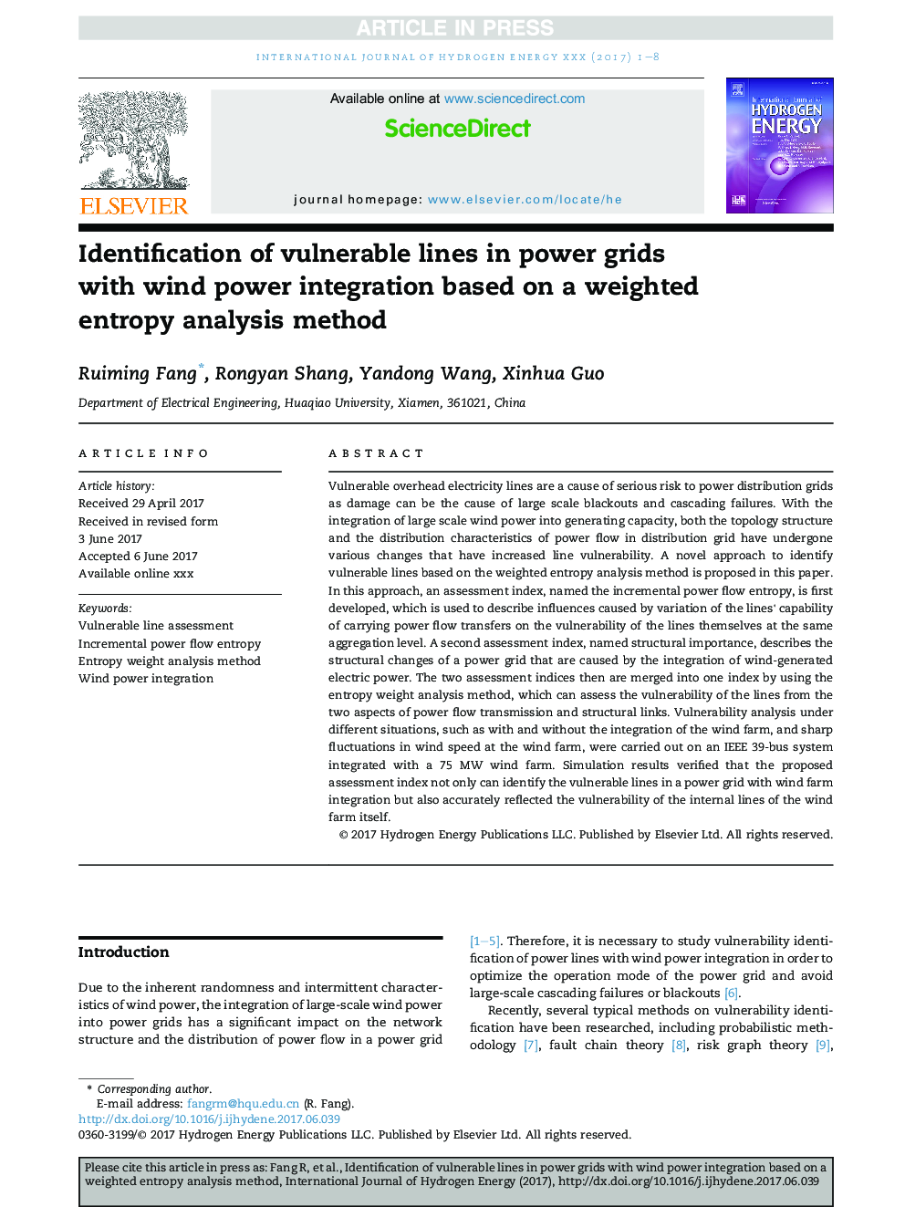 Identification of vulnerable lines in power grids with wind power integration based on a weighted entropy analysis method