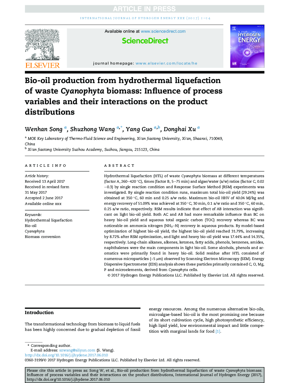 Bio-oil production from hydrothermal liquefaction of waste Cyanophyta biomass: Influence of process variables and their interactions on the product distributions