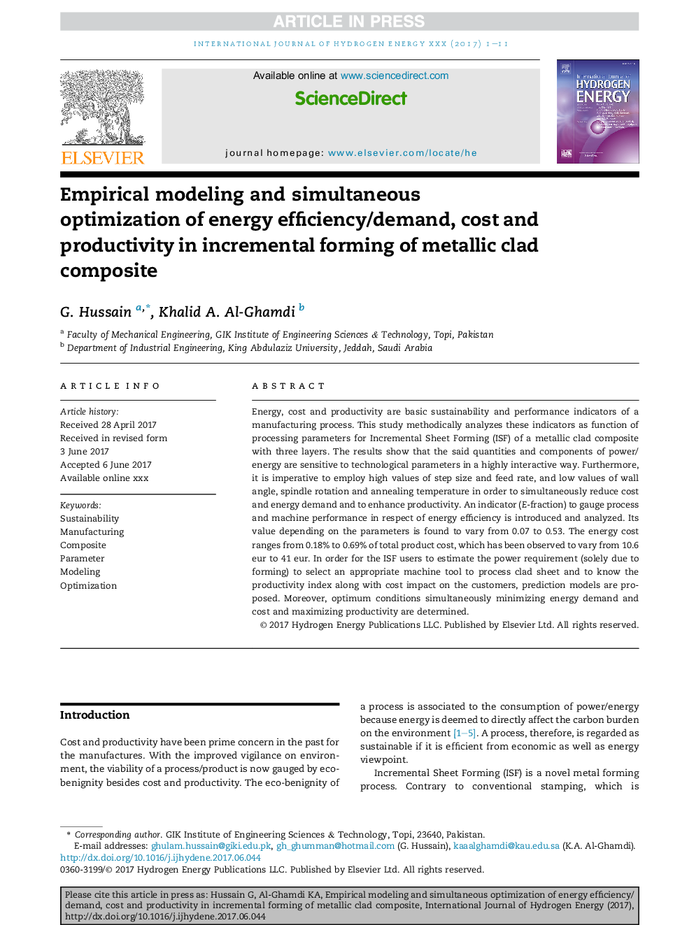 Empirical modeling and simultaneous optimization of energy efficiency/demand, cost and productivity in incremental forming of metallic clad composite