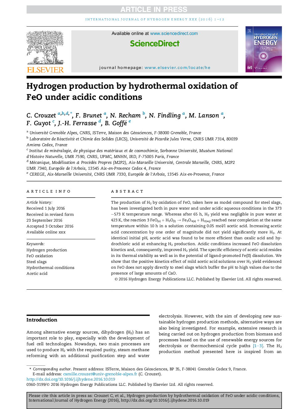 Hydrogen production by hydrothermal oxidation of FeO under acidic conditions