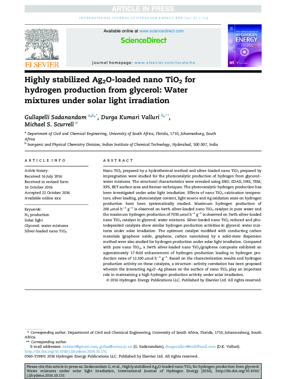 Highly stabilized Ag2O-loaded nano TiO2 for hydrogen production from glycerol: Water mixtures under solar light irradiation