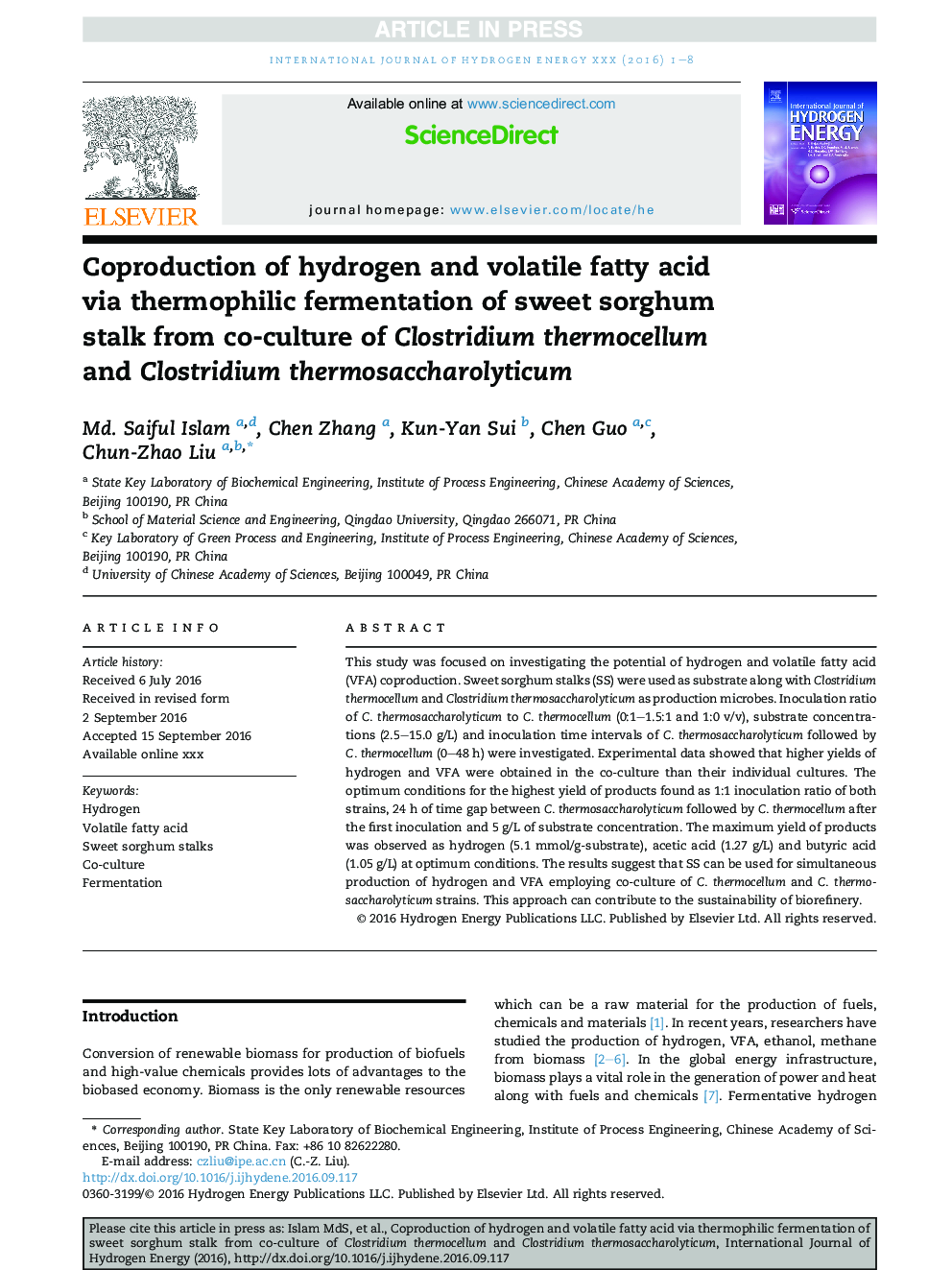 Coproduction of hydrogen and volatile fatty acid via thermophilic fermentation of sweet sorghum stalk from co-culture of Clostridium thermocellum and Clostridium thermosaccharolyticum