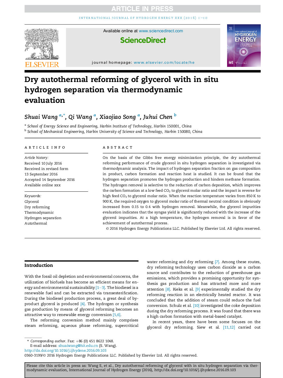 Dry autothermal reforming of glycerol with in situ hydrogen separation via thermodynamic evaluation