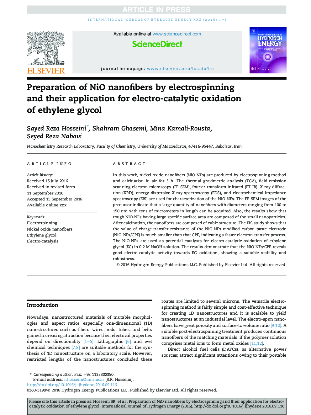 Preparation of NiO nanofibers by electrospinning and their application for electro-catalytic oxidation of ethylene glycol