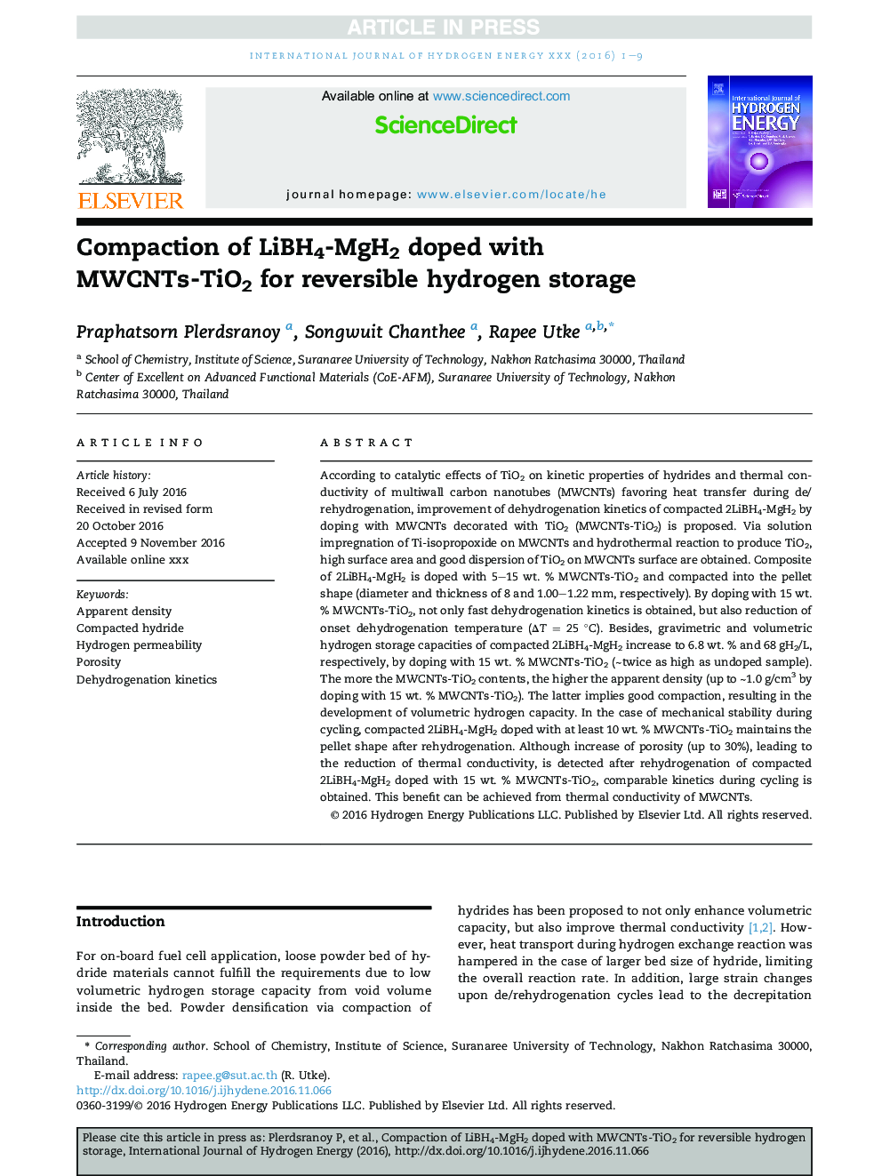 Compaction of LiBH4-MgH2 doped with MWCNTs-TiO2 for reversible hydrogen storage