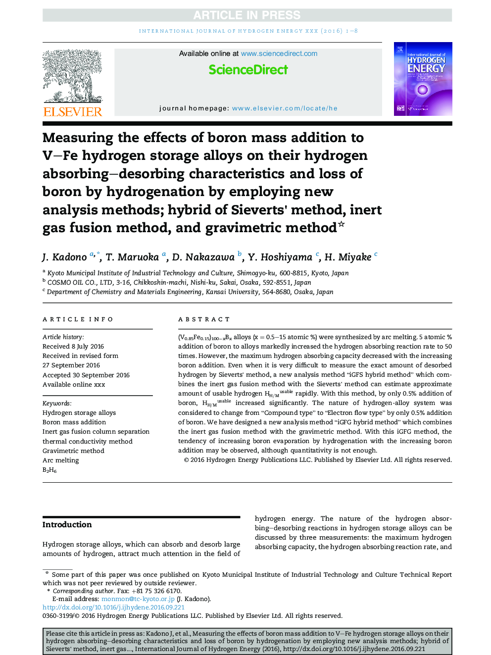 Measuring the effects of boron mass addition to V-Fe hydrogen storage alloys on their hydrogen absorbing-desorbing characteristics and loss of boron by hydrogenation by employing new analysis methods; hybrid of Sieverts' method, inert gas fusion method, a