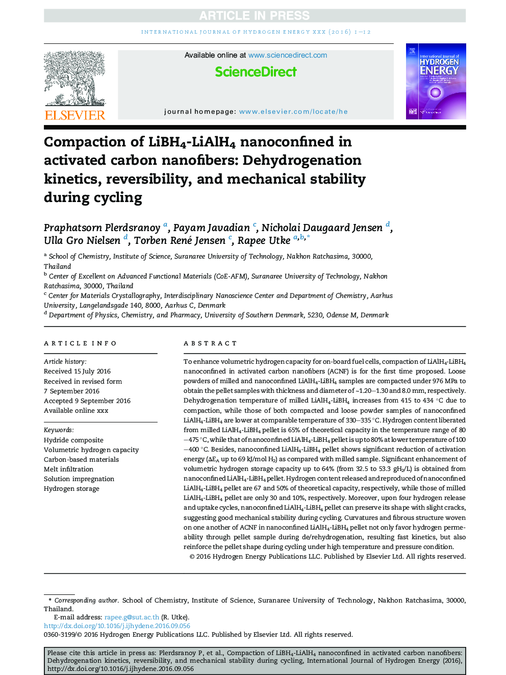 Compaction of LiBH4-LiAlH4 nanoconfined in activated carbon nanofibers: Dehydrogenation kinetics, reversibility, and mechanical stability during cycling