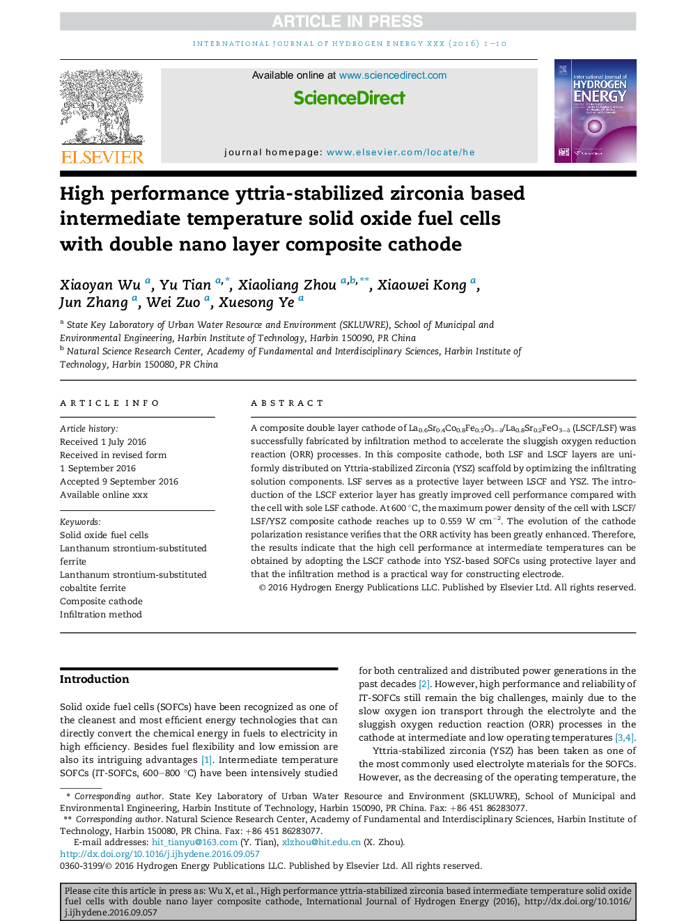 High performance yttria-stabilized zirconia based intermediate temperature solid oxide fuel cells with double nano layer composite cathode