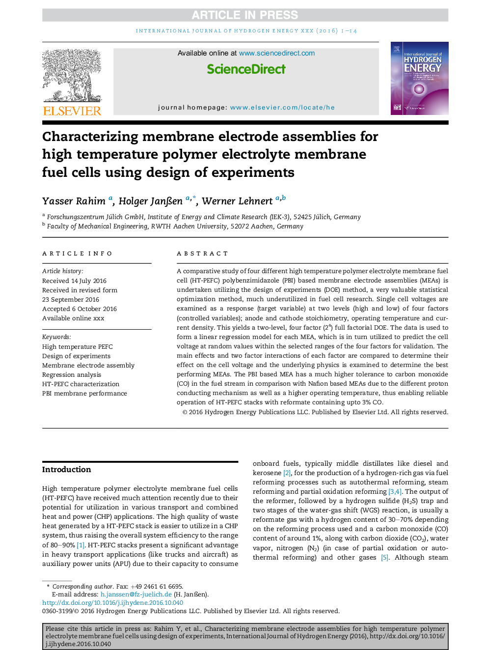 Characterizing membrane electrode assemblies for high temperature polymer electrolyte membrane fuel cells using design of experiments