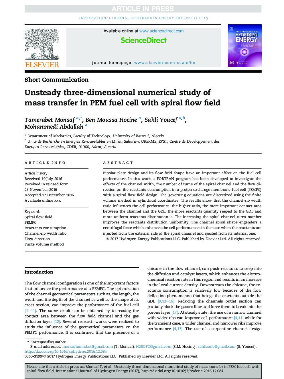 Unsteady three-dimensional numerical study of mass transfer in PEM fuel cell with spiral flow field