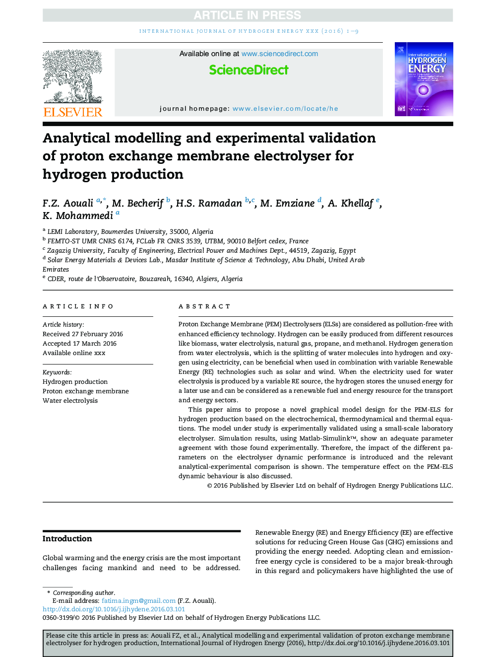 Analytical modelling and experimental validation of proton exchange membrane electrolyser for hydrogen production