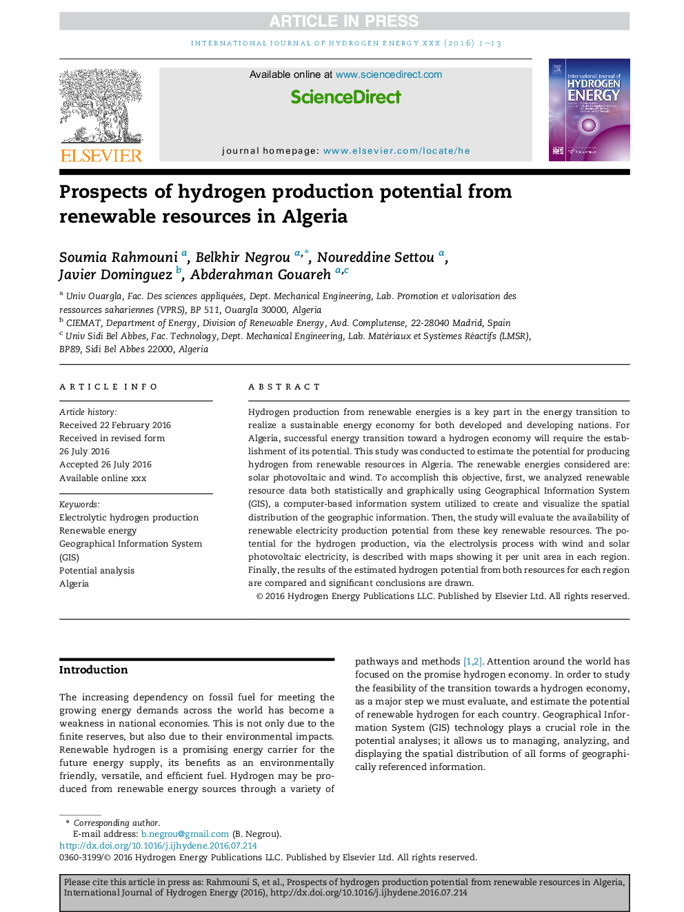 Prospects of hydrogen production potential from renewable resources in Algeria