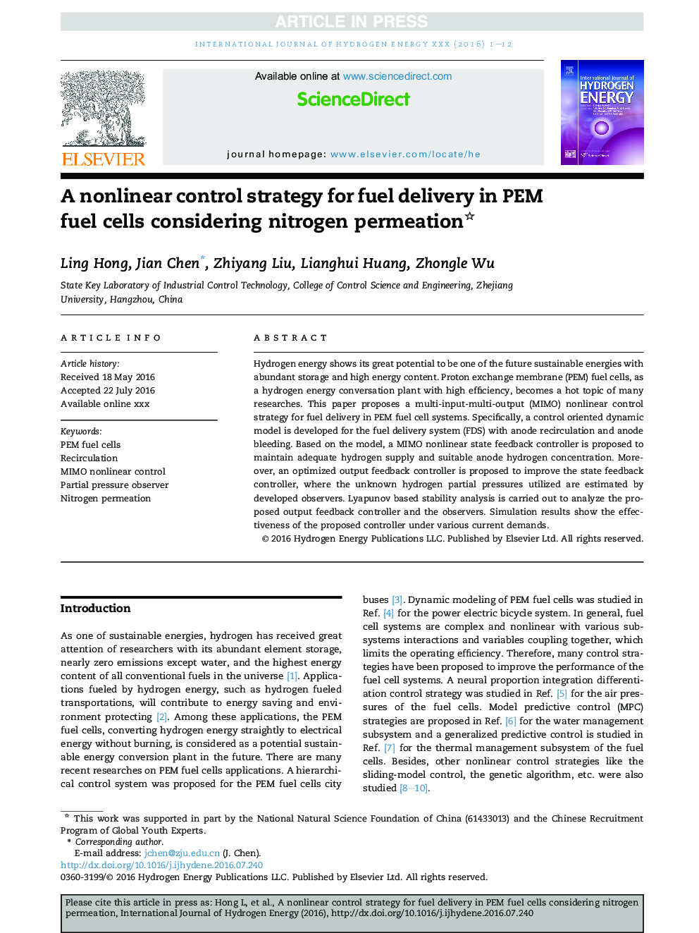 A nonlinear control strategy for fuel delivery in PEM fuel cells considering nitrogen permeation