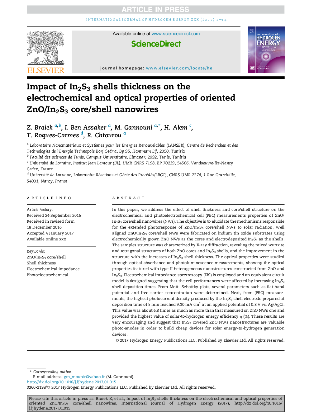 Impact of In2S3 shells thickness on the electrochemical and optical properties of oriented ZnO/In2S3 core/shell nanowires