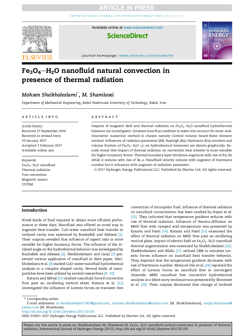 Fe3O4-H2O nanofluid natural convection in presence of thermal radiation