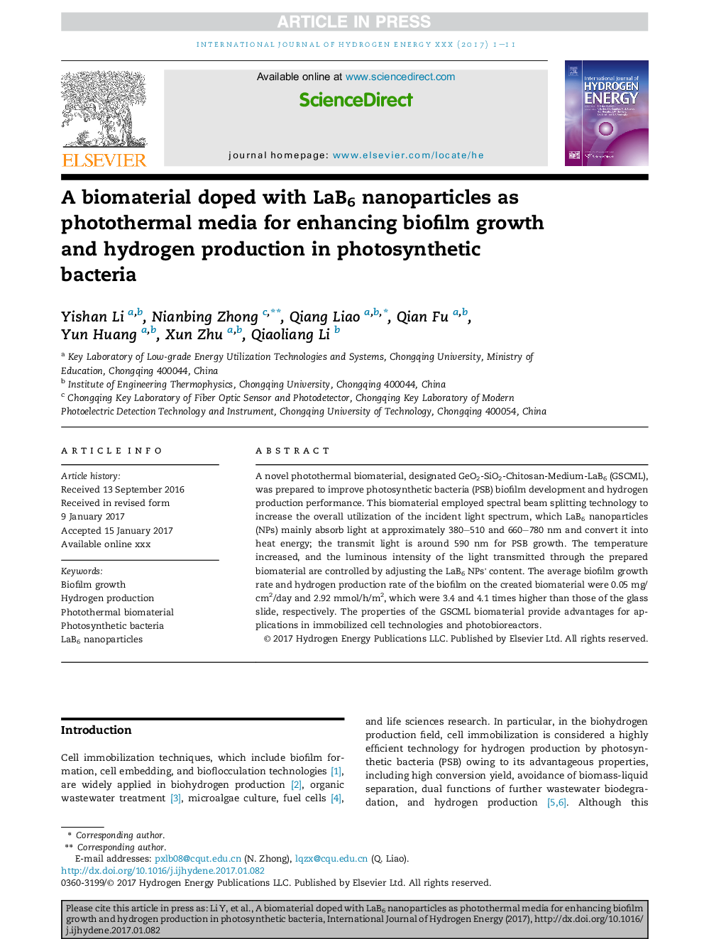 A biomaterial doped with LaB6 nanoparticles as photothermal media for enhancing biofilm growth and hydrogen production in photosynthetic bacteria