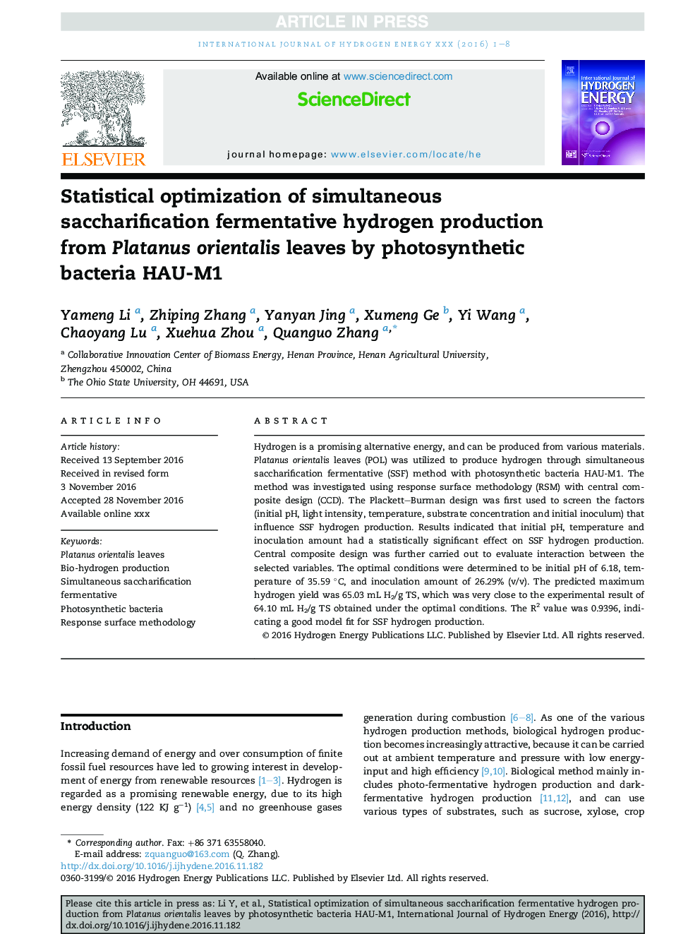 Statistical optimization of simultaneous saccharification fermentative hydrogen production from Platanus orientalis leaves by photosynthetic bacteria HAU-M1